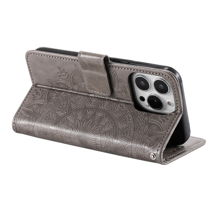 For iPhone 16 Pro Totem Flower Embossed Leather Phone Case(Grey) - iPhone 16 Pro Cases by PMC TechLife | Online Shopping South Africa | PMC TechLife | Buy Now Pay Later Mobicred
