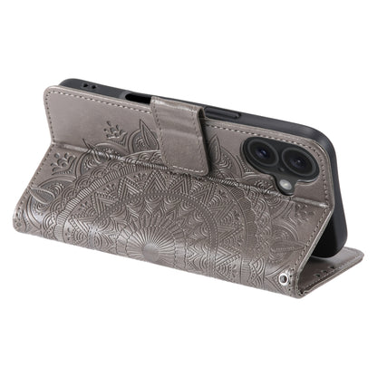 For iPhone 16 Totem Flower Embossed Leather Phone Case(Grey) - iPhone 16 Cases by PMC Jewellery | Online Shopping South Africa | PMC Jewellery | Buy Now Pay Later Mobicred