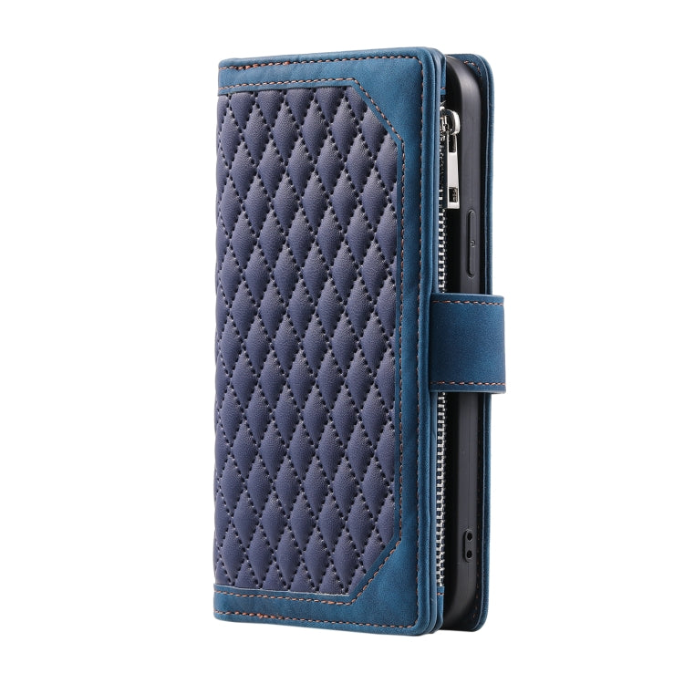 For iPhone 16 Pro Max Grid Texture Zipper Leather Phone Case with Lanyard(Blue) - iPhone 16 Pro Max Cases by PMC Jewellery | Online Shopping South Africa | PMC Jewellery | Buy Now Pay Later Mobicred