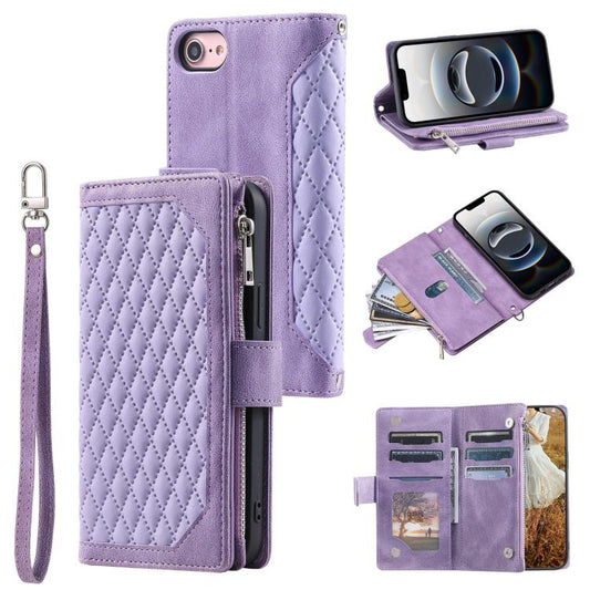 For iPhone 16e Grid Texture Zipper Leather Phone Case with Lanyard(Purple) - iPhone 16e Cases by PMC Jewellery | Online Shopping South Africa | PMC Jewellery | Buy Now Pay Later Mobicred