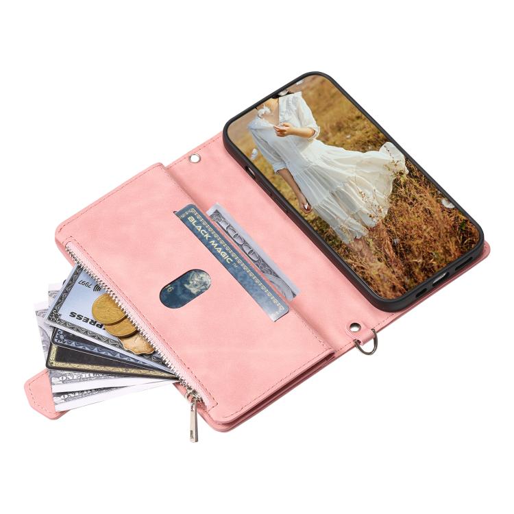 For iPhone 16e Grid Texture Zipper Leather Phone Case with Lanyard(Rose Gold) - iPhone 16e Cases by PMC TechLife | Online Shopping South Africa | PMC TechLife | Buy Now Pay Later Mobicred
