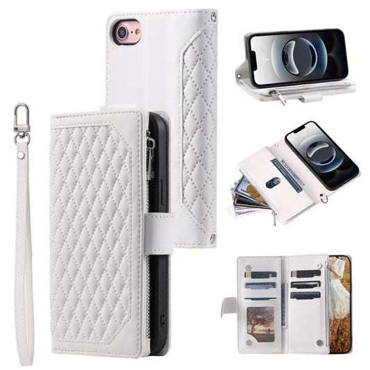 For iPhone 16e Grid Texture Zipper Leather Phone Case with Lanyard(White) - iPhone 16e Cases by PMC Jewellery | Online Shopping South Africa | PMC Jewellery | Buy Now Pay Later Mobicred