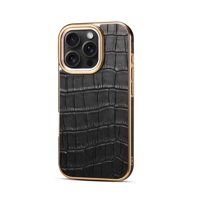 For iPhone 16 Pro Max Denior Crocodile Texture Genuine Leather Electroplating Phone Case(Black) - More iPhone Cases by Denior | Online Shopping South Africa | PMC Jewellery | Buy Now Pay Later Mobicred