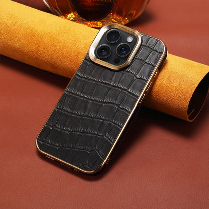 For iPhone 16 Pro Denior Crocodile Texture Genuine Leather Electroplating Phone Case(Black) - More iPhone Cases by Denior | Online Shopping South Africa | PMC Jewellery | Buy Now Pay Later Mobicred