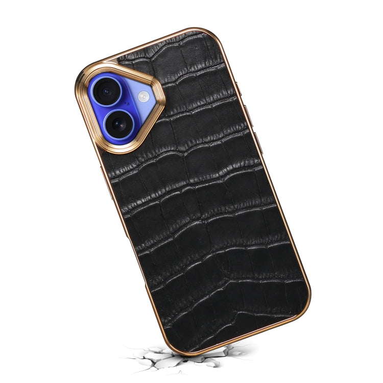 For iPhone 16 Plus Denior Crocodile Texture Genuine Leather Electroplating Phone Case(Black) - More iPhone Cases by Denior | Online Shopping South Africa | PMC Jewellery | Buy Now Pay Later Mobicred