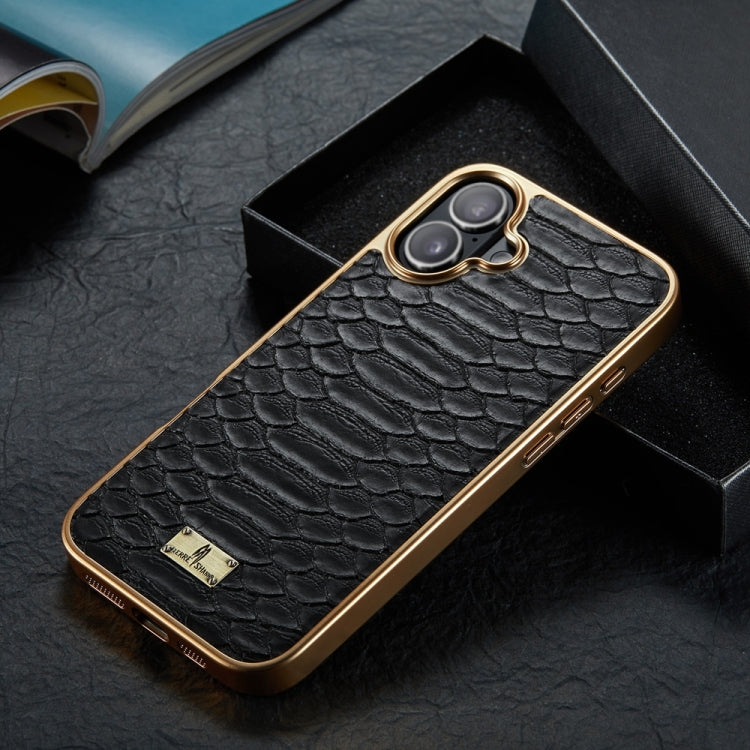 For iPhone 16 Plus Fierre Shann Python Texture Electroplating PU Phone Case(Black) - iPhone 16 Plus Cases by FIERRE SHANN | Online Shopping South Africa | PMC Jewellery | Buy Now Pay Later Mobicred