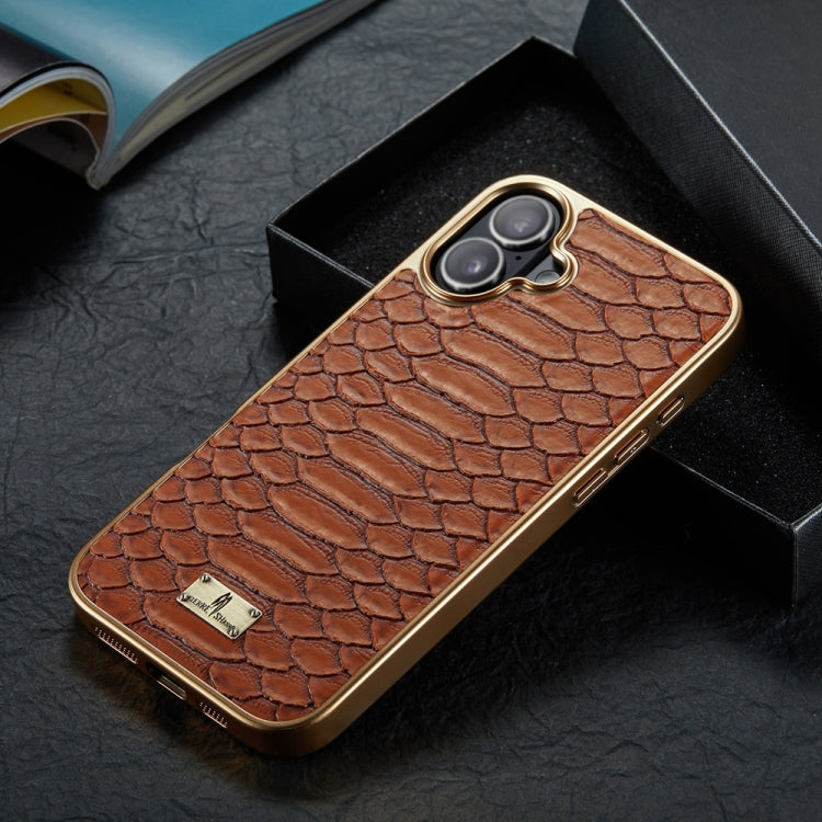 For iPhone 16 Plus Fierre Shann Python Texture Electroplating PU Phone Case(Brown) - iPhone 16 Plus Cases by FIERRE SHANN | Online Shopping South Africa | PMC Jewellery | Buy Now Pay Later Mobicred