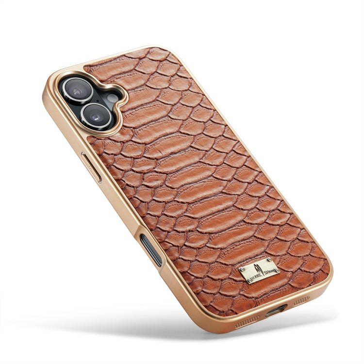 For iPhone 16 Plus Fierre Shann Python Texture Electroplating PU Phone Case(Brown) - iPhone 16 Plus Cases by FIERRE SHANN | Online Shopping South Africa | PMC Jewellery | Buy Now Pay Later Mobicred