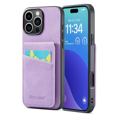 For iPhone 16 Pro Max Fierre Shann Crazy Horse Card Holder Back Cover PU Phone Case(Purple) - iPhone 16 Pro Max Cases by FIERRE SHANN | Online Shopping South Africa | PMC Jewellery | Buy Now Pay Later Mobicred