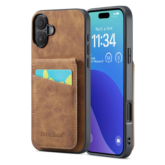 For iPhone 16 Plus Fierre Shann Crazy Horse Card Holder Back Cover PU Phone Case(Brown) - iPhone 16 Plus Cases by FIERRE SHANN | Online Shopping South Africa | PMC Jewellery | Buy Now Pay Later Mobicred