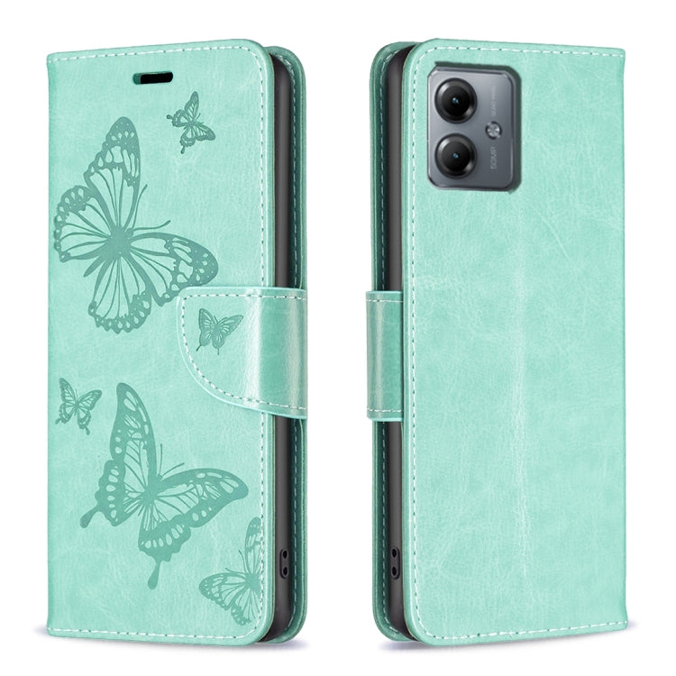 For Motorola Moto G14 4G Embossing Two Butterflies Pattern Leather Phone Case(Green) - Motorola Cases by PMC Jewellery | Online Shopping South Africa | PMC Jewellery | Buy Now Pay Later Mobicred