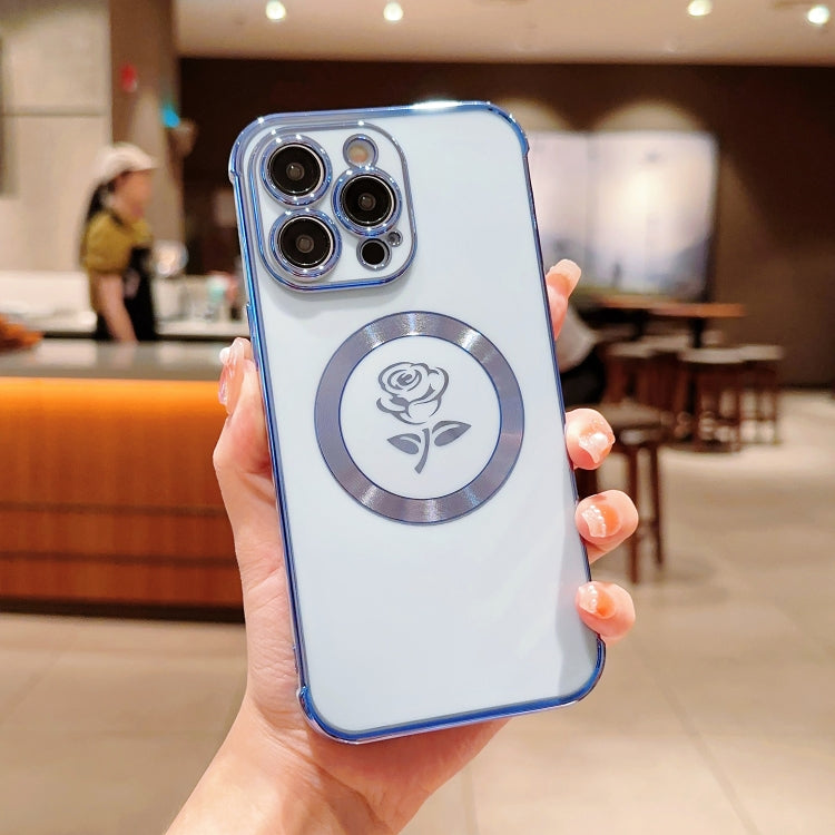For iPhone 15 Pro Electroplate Side Roses Flower MagSafe Phone Case(Blue) - iPhone 15 Pro Cases by PMC TechLife | Online Shopping South Africa | PMC TechLife