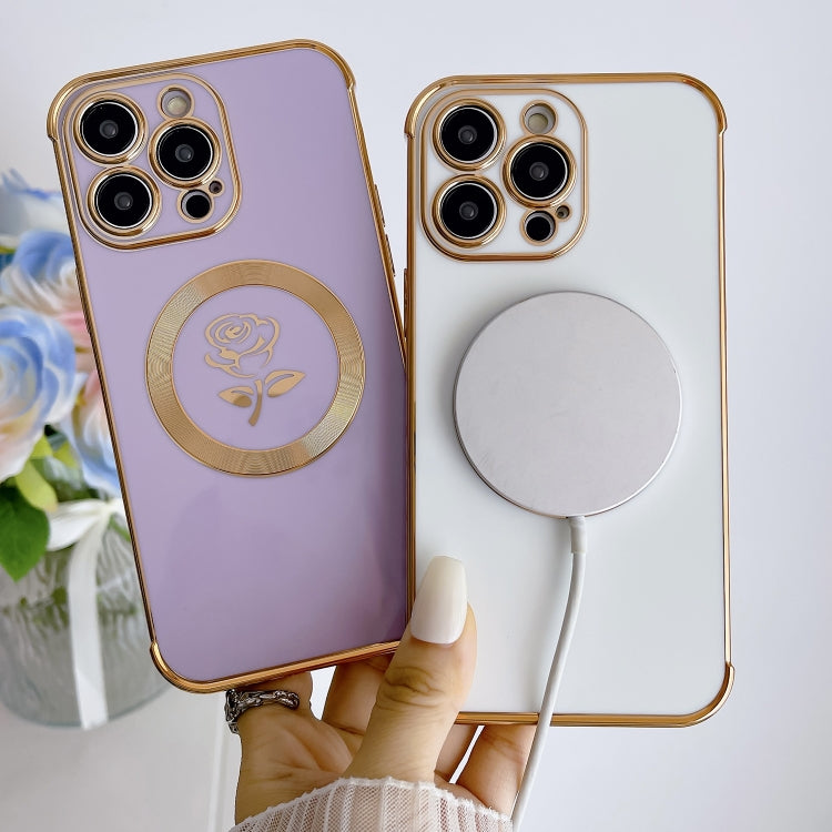 For iPhone 15 Pro Electroplate Side Roses Flower MagSafe Phone Case(Blue) - iPhone 15 Pro Cases by PMC TechLife | Online Shopping South Africa | PMC TechLife