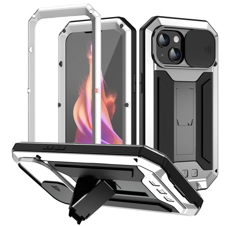 For iPhone 15 Plus R-JUST Sliding Camera Life Waterproof Holder Phone Case(Silver) - iPhone 15 Plus Cases by R-JUST | Online Shopping South Africa | PMC Jewellery