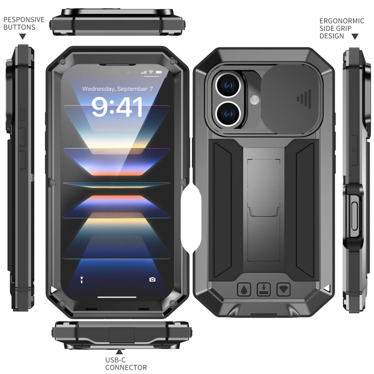 For iPhone 16 Plus R-JUST Sliding Camera IP54 Life Waterproof Holder Phone Case(Black) - free shipping - PMC Jewellery - Order now!