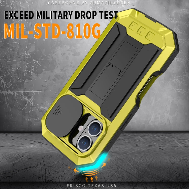 For iPhone 16 Plus R-JUST Sliding Camera IP54 Life Waterproof Holder Phone Case(Yellow) - free shipping - PMC Jewellery - Order now!