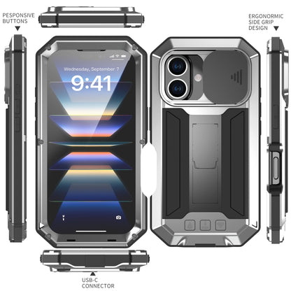 For iPhone 16 Plus R-JUST Sliding Camera IP54 Life Waterproof Holder Phone Case(Silver) - iPhone 16 Plus Cases by R-JUST | Online Shopping South Africa | PMC Jewellery | Buy Now Pay Later Mobicred