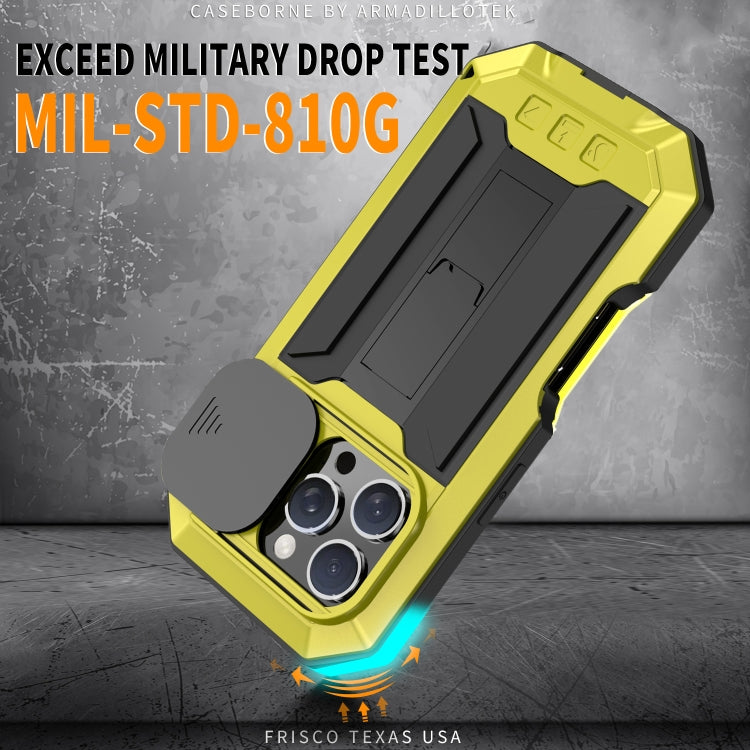For iPhone 16 Pro Max R-JUST Sliding Camera IP54 Life Waterproof Holder Phone Case(Yellow) - free shipping - PMC Jewellery - Order now!