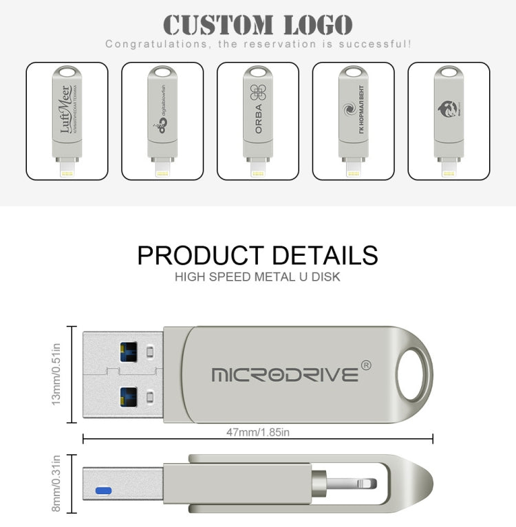 MicroDrive 2 In 1  8 Pin + USB 2.0 Portable Metal USB Flash Disk, Capacity:32GB(Silver) - USB Flash Drives by MICRODRIVE | Online Shopping South Africa | PMC Jewellery | Buy Now Pay Later Mobicred