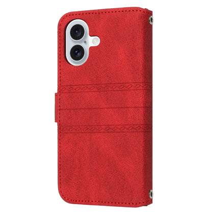 For iPhone 16 Embossed Stripes Skin Feel Leather Phone Case(Red) - iPhone 16 Cases by PMC Jewellery | Online Shopping South Africa | PMC Jewellery | Buy Now Pay Later Mobicred