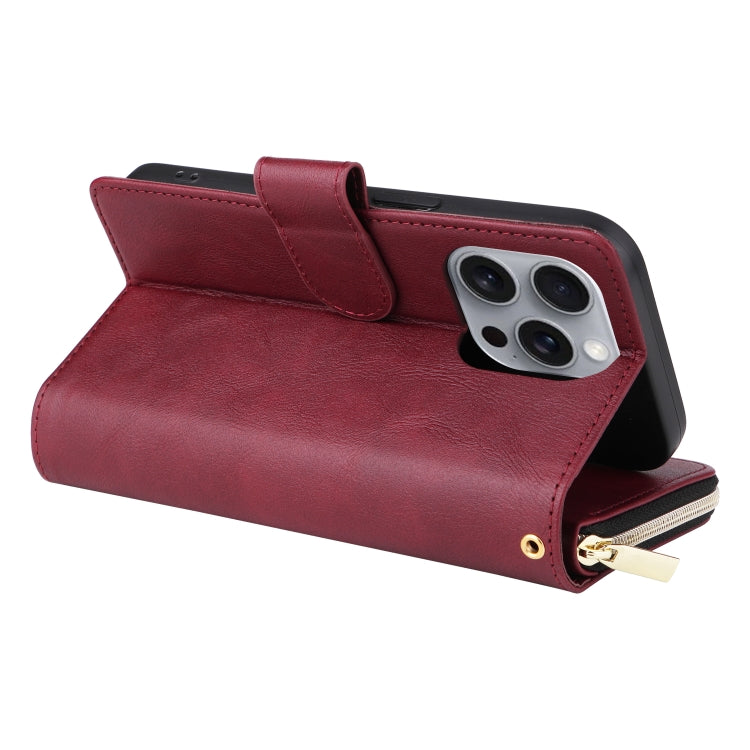 For iPhone 16 Pro Max 9 Card Slots Zipper Wallet Bag Leather Phone Case(Wine Red) - iPhone 16 Pro Max Cases by PMC Jewellery | Online Shopping South Africa | PMC Jewellery | Buy Now Pay Later Mobicred