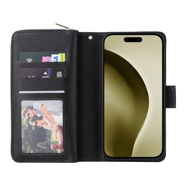 For iPhone 16 Pro 9 Card Slots Zipper Wallet Bag Leather Phone Case(Black) - iPhone 16 Pro Cases by PMC Jewellery | Online Shopping South Africa | PMC Jewellery | Buy Now Pay Later Mobicred