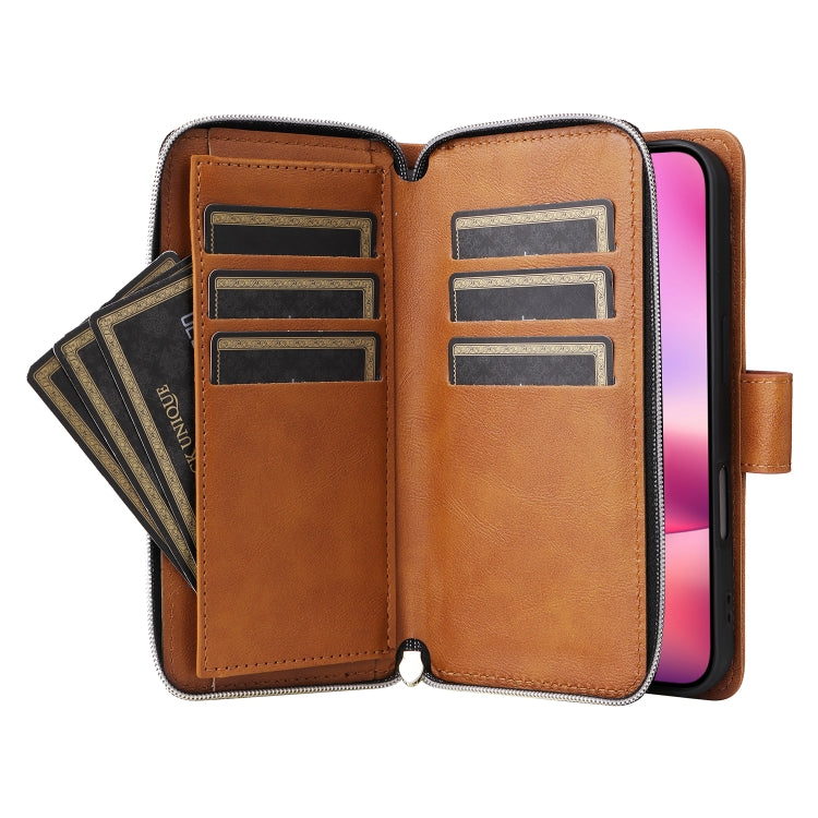 For iPhone 16 9 Card Slots Zipper Wallet Bag Leather Phone Case(Brown) - iPhone 16 Cases by PMC Jewellery | Online Shopping South Africa | PMC Jewellery | Buy Now Pay Later Mobicred