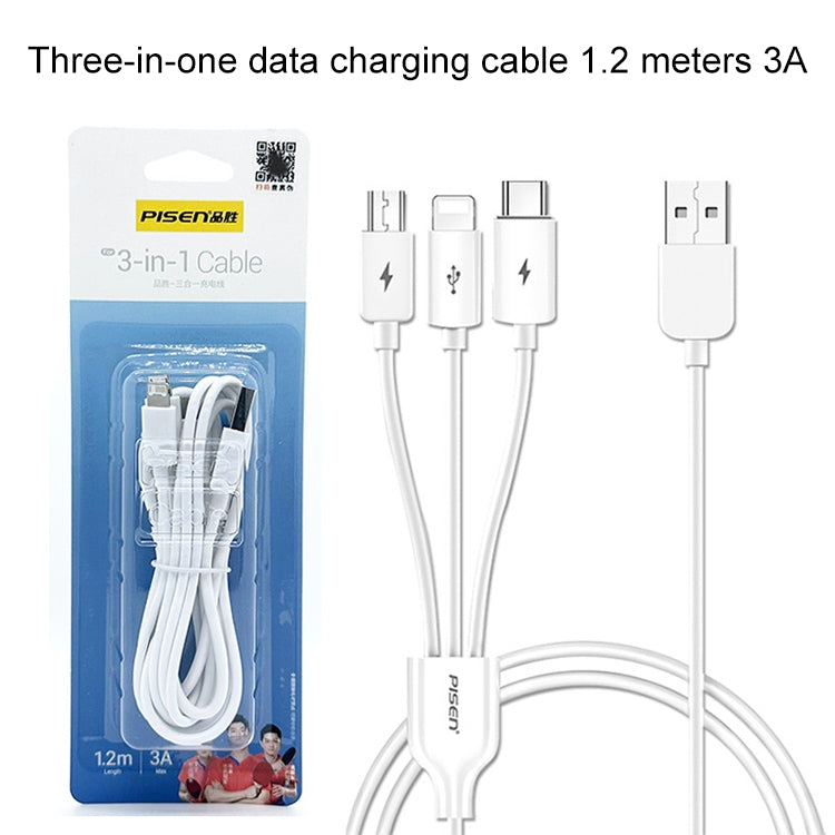 PISEN 1.2m 3A 3 in 1 USB to 8 Pin + Type-C + Micro USB Data Cable - Multifunction Cable by PMC Jewellery | Online Shopping South Africa | PMC Jewellery | Buy Now Pay Later Mobicred