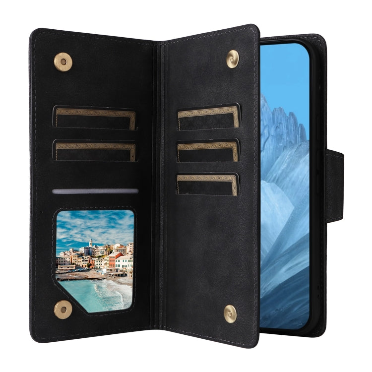 For Google Pixel 9 Rivet Buckle 9 Cards Three Fold Leather Phone Case(Black) - Google Cases by PMC Jewellery | Online Shopping South Africa | PMC Jewellery | Buy Now Pay Later Mobicred