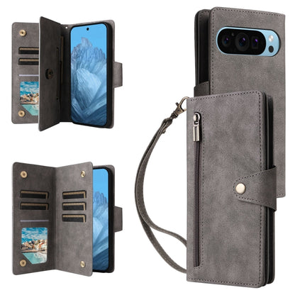 For Google Pixel 9 Rivet Buckle 9 Cards Three Fold Leather Phone Case(Grey) - Google Cases by PMC Jewellery | Online Shopping South Africa | PMC Jewellery | Buy Now Pay Later Mobicred