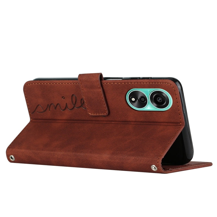 For OPPO A58 4G Skin Feel Heart Pattern Leather Phone Case with Lanyard(Brown) - OPPO Cases by PMC TechLife | Online Shopping South Africa | PMC TechLife | Buy Now Pay Later Mobicred