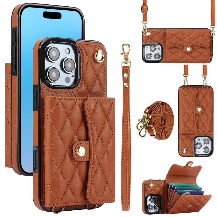 For iPhone 16 Pro Max Crossbody Rhombic Horizontal Wallet Leather Phone Case(Brown) - iPhone 16 Pro Max Cases by PMC Jewellery | Online Shopping South Africa | PMC Jewellery | Buy Now Pay Later Mobicred