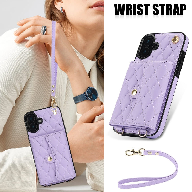 For iPhone 16 Crossbody Rhombic Horizontal Wallet Leather Phone Case(Purple) - iPhone 16 Cases by PMC Jewellery | Online Shopping South Africa | PMC Jewellery | Buy Now Pay Later Mobicred