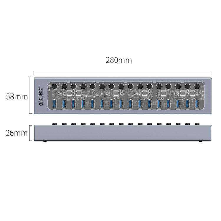 ORICO AT2U3-16AB-GY-BP 16 Ports USB 3.0 HUB with Individual Switches & Blue LED Indicator(EU Plug) - USB 3.0 HUB by ORICO | Online Shopping South Africa | PMC Jewellery | Buy Now Pay Later Mobicred