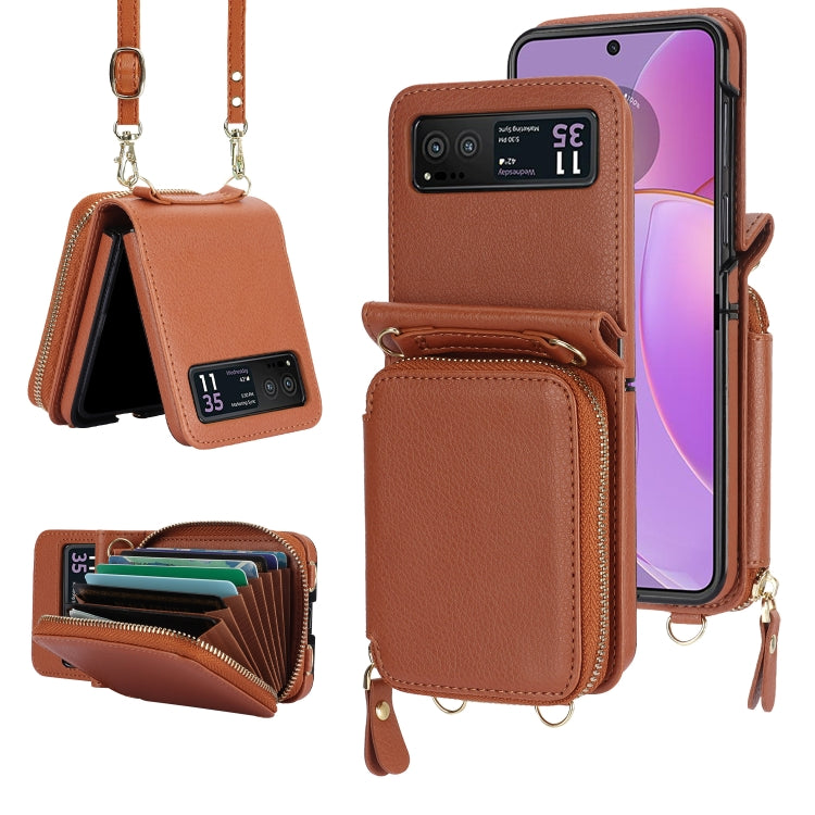 For Motorola Razr 40 Long and Short Lanyard Zipper Card Slot Foldable Phone Case(Brown) - Motorola Cases by PMC Jewellery | Online Shopping South Africa | PMC Jewellery | Buy Now Pay Later Mobicred