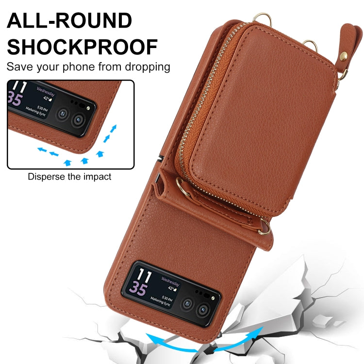 For Motorola Razr 40 Long and Short Lanyard Zipper Card Slot Foldable Phone Case(Brown) - Motorola Cases by PMC Jewellery | Online Shopping South Africa | PMC Jewellery | Buy Now Pay Later Mobicred