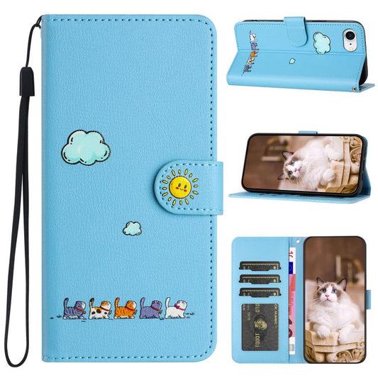 For iPhone 16e Cartoon Cats Leather Phone Case(Blue) - iPhone 16e Cases by PMC Jewellery | Online Shopping South Africa | PMC Jewellery | Buy Now Pay Later Mobicred