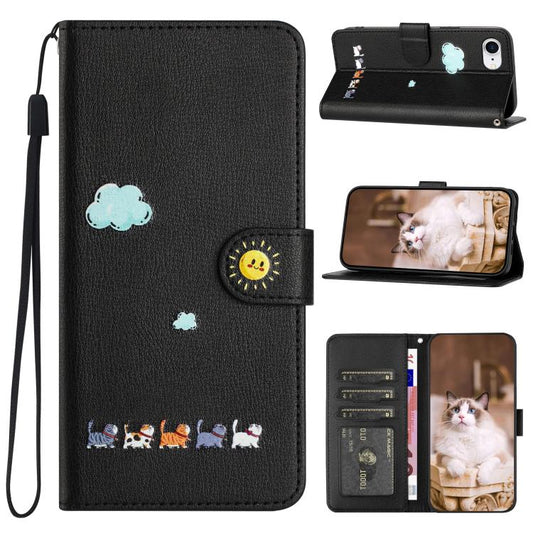 For iPhone 16e Cartoon Cats Leather Phone Case(Black) - iPhone 16e Cases by PMC Jewellery | Online Shopping South Africa | PMC Jewellery | Buy Now Pay Later Mobicred