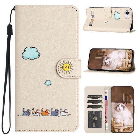 For iPhone 16e Cartoon Cats Leather Phone Case(Beige White) - iPhone 16e Cases by PMC Jewellery | Online Shopping South Africa | PMC Jewellery | Buy Now Pay Later Mobicred