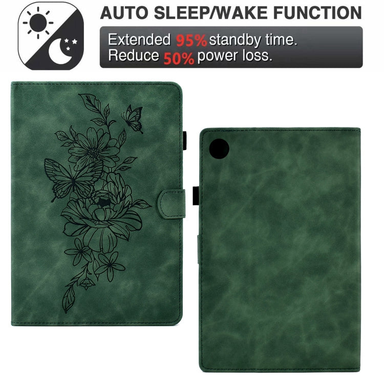 For Samsung Galaxy Tab A9+ Peony Butterfly Embossed Leather Smart Tablet Case(Green) - Galaxy Tab A9+ by PMC Jewellery | Online Shopping South Africa | PMC Jewellery