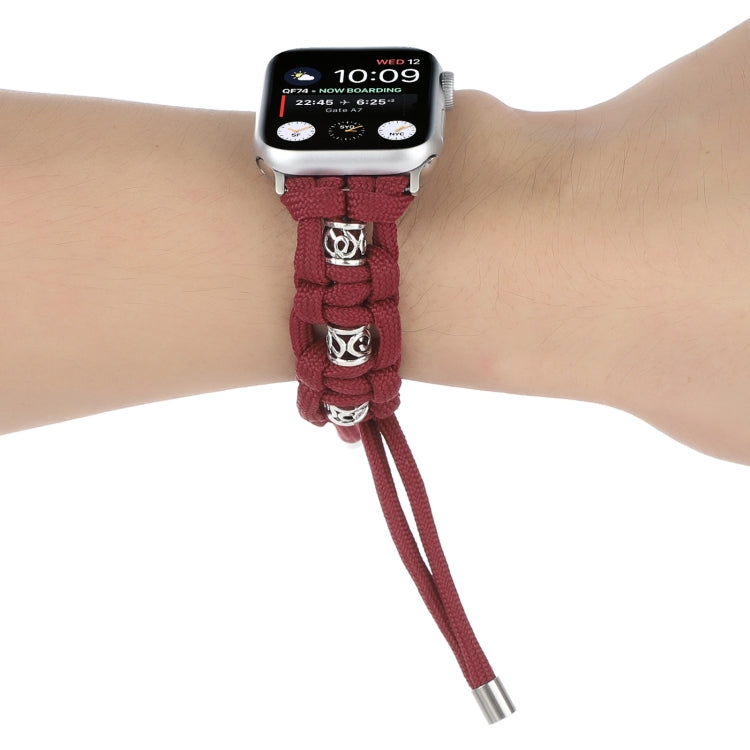 For Apple Watch Series 8 41mm Silk Silver Beads Braided Watch Band(Wine Red) - Watch Bands by PMC Jewellery | Online Shopping South Africa | PMC Jewellery