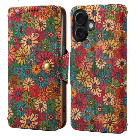 For iPhone 16 Denior Flower Language Series Cork Fabric Oil Edge Leather Phone Case(Spring) - iPhone 16 Cases by Denior | Online Shopping South Africa | PMC Jewellery | Buy Now Pay Later Mobicred