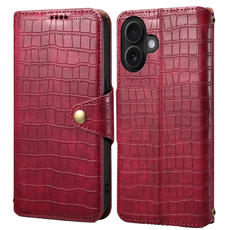 For iPhone 16 Denior Crocodile Texture Oil Edge Leather Phone Case(Rose Red) - iPhone 16 Cases by Denior | Online Shopping South Africa | PMC Jewellery | Buy Now Pay Later Mobicred