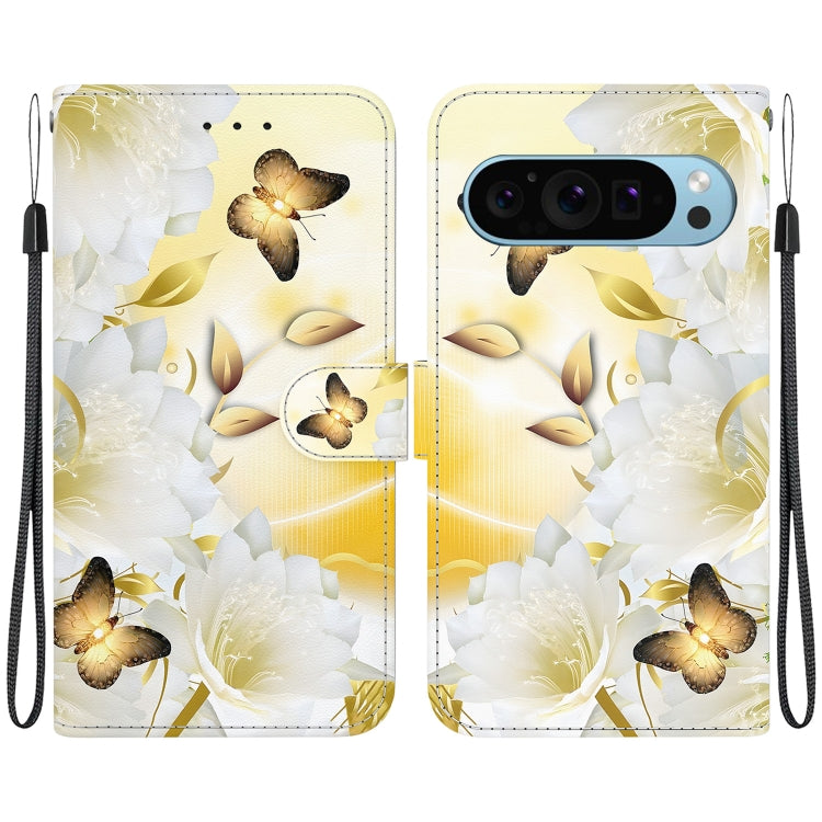 For Google Pixel 9 Pro Crystal Texture Colored Drawing Leather Phone Case(Gold Butterfly Epiphyllum) - Google Cases by PMC Jewellery | Online Shopping South Africa | PMC Jewellery | Buy Now Pay Later Mobicred