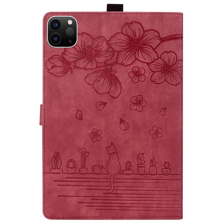 For iPad Pro 13 2024 Cartoon Sakura Cat Embossed Smart Leather Tablet Case(Red) - iPad Pro 13 2024 Cases by PMC TechLife | Online Shopping South Africa | PMC TechLife | Buy Now Pay Later Mobicred