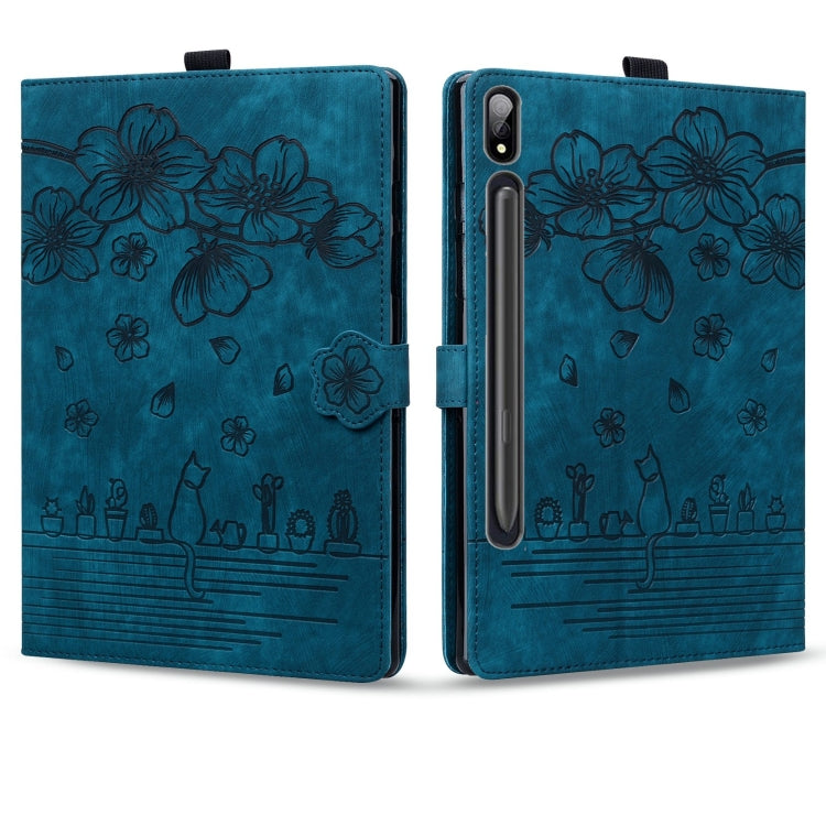 For Samsung Galaxy Tab S9 Ultra /S8 Ultra Cartoon Sakura Cat Embossed Leather Tablet Case(Blue) - Galaxy Tab S9 Ultra Cases by PMC Jewellery | Online Shopping South Africa | PMC Jewellery | Buy Now Pay Later Mobicred