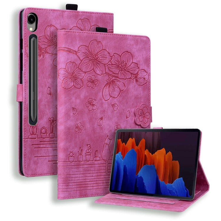 For Samsung Galaxy Tab S9 FE+ Cartoon Sakura Cat Embossed Leather Tablet Case(Rose Red) - Galaxy Tab S9 FE+ by PMC Jewellery | Online Shopping South Africa | PMC Jewellery | Buy Now Pay Later Mobicred