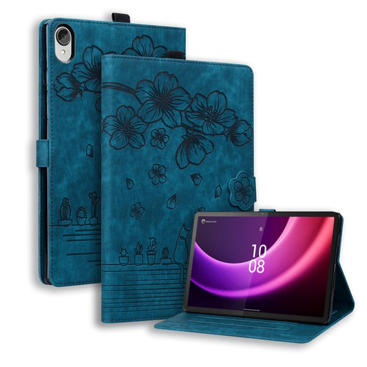 For Lenovo Tab P11 TB-J606F Cartoon Sakura Cat Embossed Leather Tablet Case(Blue) - Lenovo by PMC Jewellery | Online Shopping South Africa | PMC Jewellery | Buy Now Pay Later Mobicred