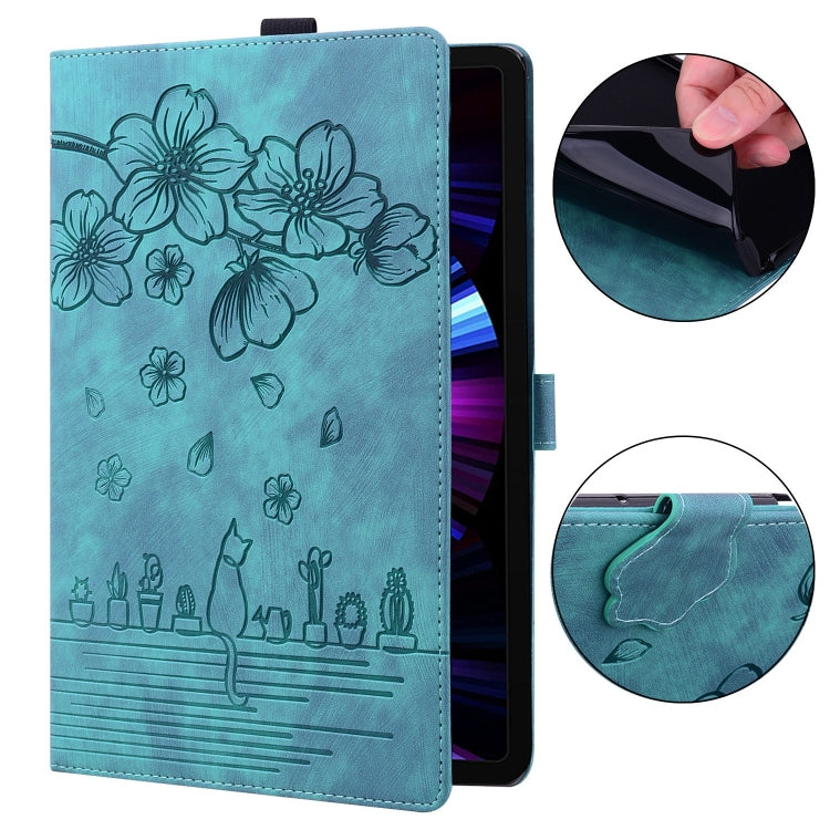 For Lenovo Tab M10 3rd Gen Cartoon Sakura Cat Embossed Leather Tablet Case(Green) - Lenovo by PMC TechLife | Online Shopping South Africa | PMC TechLife | Buy Now Pay Later Mobicred