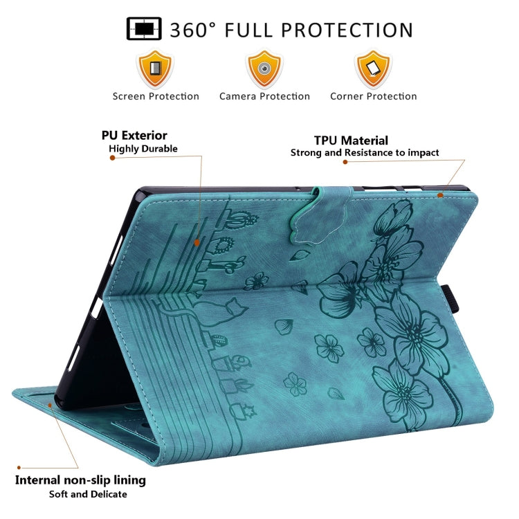 For Lenovo Tab M10 3rd Gen Cartoon Sakura Cat Embossed Leather Tablet Case(Green) - Lenovo by PMC TechLife | Online Shopping South Africa | PMC TechLife | Buy Now Pay Later Mobicred